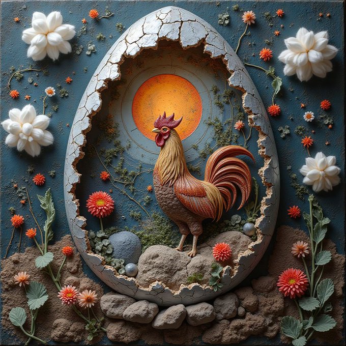 A rooster stands inside a cracked egg-shaped sculpture surrounded by flowers, plants, rocks, and warm earth tones, with a glowing orange sun behind its head. The post promotes the generative-art piece “Making eggs is art” at app.manifold.xyz/c/cracked-egg, listed as 1/1 and priced at 0.005 ETH on Base.
