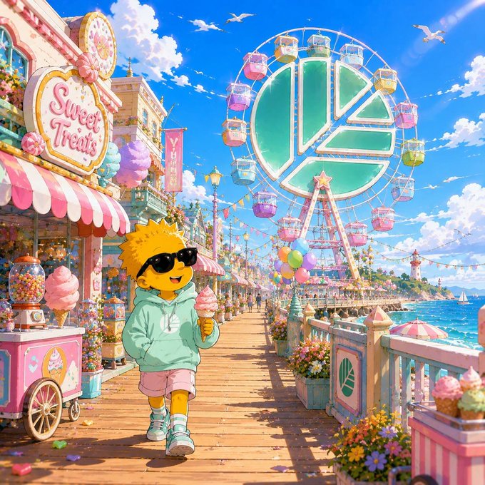 An animated illustration of a boy with spiky yellow hair wearing sunglasses and a teal hoodie walking down a colorful boardwalk, holding an ice cream cone, with a Ferris wheel, "Sweet Treats" shop, cotton candy stands, and ocean views in the background.