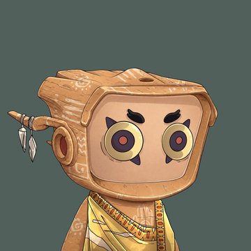 The image features a stylized 3D character with a cardboard-like box head displaying an anxious face with wide eyes and furrowed brows, adorned with tribal-style jewelry, necklaces, and a feather detail, suggesting a digital collectible or NFT from the Blokyz series mentioned in the post.