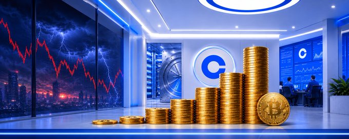 A futuristic financial trading room featuring stacks of gold Bitcoin coins, a wall screen displaying a sharply declining red market chart against stormy skies, and a glowing blue 'C' logo.