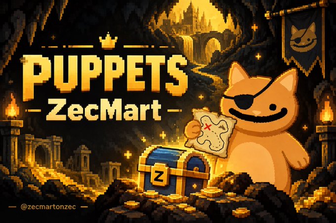 A pixel-art style banner reads "PUPPETS ZecMart" featuring an orange cat with an eye patch holding a treasure map, standing beside a treasure chest marked with a "Z", with the handle "@zecmartonec" at the bottom left.