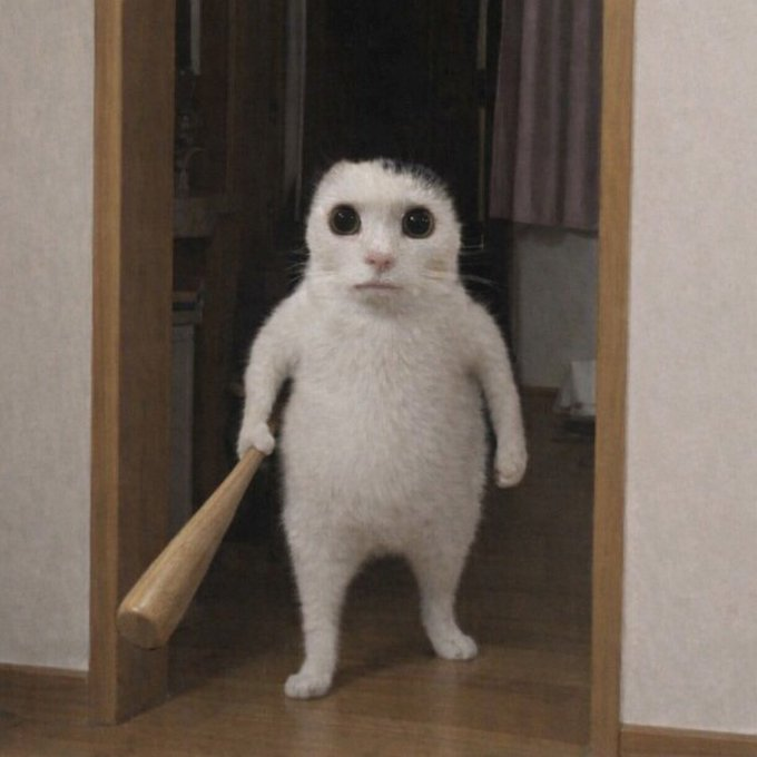 A fluffy white cat stands upright on its hind legs holding a wooden bat in a doorway.