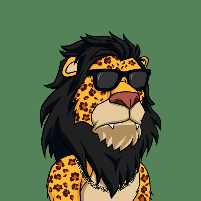 A cartoon illustration of a leopard character with a black mane, wearing black sunglasses and a silver chain necklace against a green background.