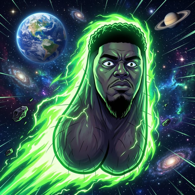 A digital illustration of a stern-faced man with a green glowing aura surrounded by cosmic elements including Earth, Saturn, galaxies, and asteroids.