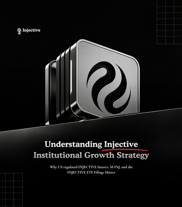 The image features an infographic design, possibly designed by a company or individual named "INJ now", with a focus on the topic of understanding injective growth strategy within the context of institutional finance. The main visual element appears to be a black square against a white background, which may contain a logo or symbol related to the subject matter. The accompanying text provides more information about US-regulated Injective Futures and other financial products that matter in today's market.