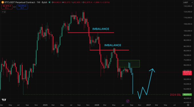 A weekly BTC/USDT perpetual contract chart on Bybit showing price action around $62,975 with two marked "IMBALANCE" zones (~$95K and ~$80K), a projected downward arrow targeting the untouched 2024 sell-side liquidity (SSL) at $48,915, supporting the post's thesis of a potential final sweep before reversal.