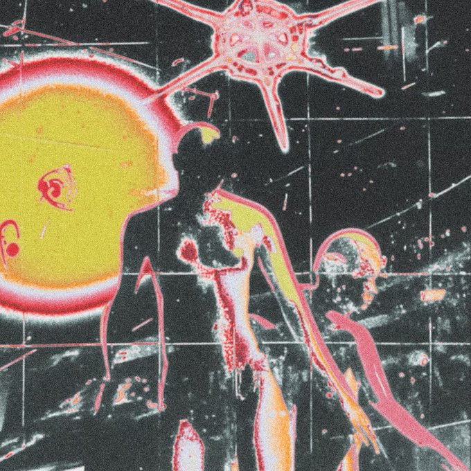 A surreal, glitchy collage artwork featuring a silhouetted figure alongside a large yellow sun, a star-like burst, and a skull, all rendered in vibrant pinks and yellows with a grainy, distressed texture.