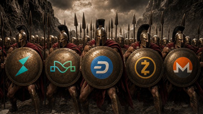A phalanx of ancient Spartan warriors brandish round shields emblazoned with cryptocurrency symbols—including Monero (XMR), Zcash (ZEC), and Dash (DASH)—standing united as a visual metaphor for the post's rallying cry to defend permissionless, censorship-resistant digital currencies as a last line of defense against centralized control.