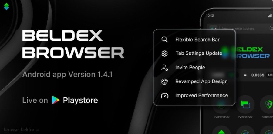 A promotional banner for the 'BELDEX BROWSER' Android app version 1.4.1, highlighting features like Flexible Search Bar and Tab Settings Update.