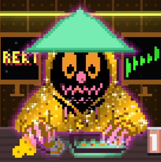 Pixel art of a hooded skeleton-like figure in a yellow robe and teal hat, with a pink skeletal face, displayed in front of monitors showing 'REKT' and green trading charts.