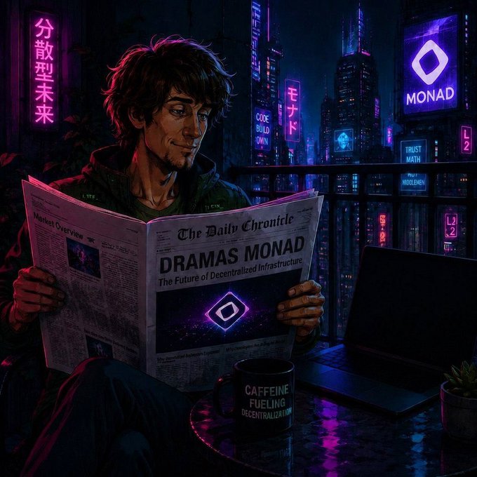 A cyberpunk-style digital illustration of a man reading a newspaper titled 'The Daily Chronicle' with the headline 'DRAMAS MONAD - The Future of Decentralized Infrastructure', set against a neon cityscape featuring Monad branding, with a 'CAFFEINE FUELING DECENTRALIZATION' mug beside him.