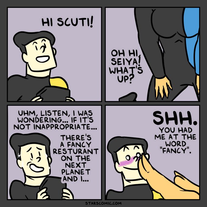 Four-panel comic from Starscomic.com where a character greets 'Scuti', mentions a fancy restaurant, and is cut off with 'SHH. YOU HAD ME AT THE WORD "FANCY".'