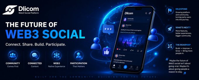 A digital advertisement for the 'Dlicom Web3 Social Platform' featuring a smartphone displaying the app interface, with text 'THE FUTURE OF WEB3 SOCIAL' and icons highlighting 'COMMUNITY', 'CONNECTED', 'WEB3', and 'PARTICIPATION'.