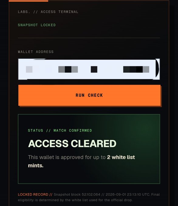 A dark-themed digital interface showing a 'LABS // ACCESS TERMINAL' with 'ACCESS CLEARED' status, indicating a wallet is approved for up to 2 whitelist mints.