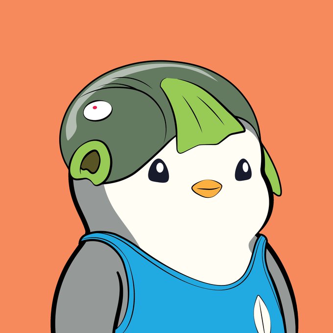 A cartoon-style illustration of a cute penguin wearing a green helmet and blue outfit, set against a solid orange background.