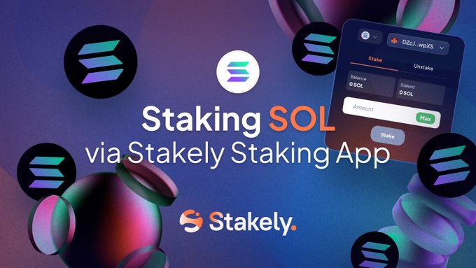 A promotional graphic for 'Staking SOL via Stakely Staking App' featuring the Solana logo, a staking interface, and colorful 3D spheres.
