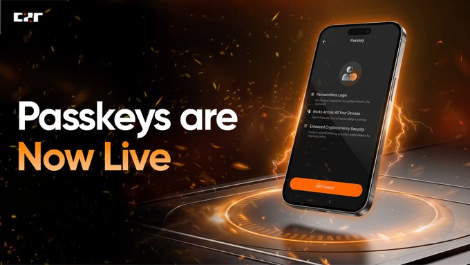 Promotional graphic from COTI announcing 'Passkeys are Now Live' showing a smartphone displaying a Passkey login screen with options for Passwordless Login, Works Across All Your Devices, and Enhanced Cryptocurrency Security.