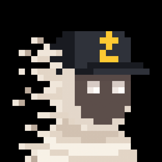 Pixel art illustration of a ghost-like figure wearing a dark police hat with a yellow badge, appearing to dissolve or fade away into scattered pixel fragments on a black background.