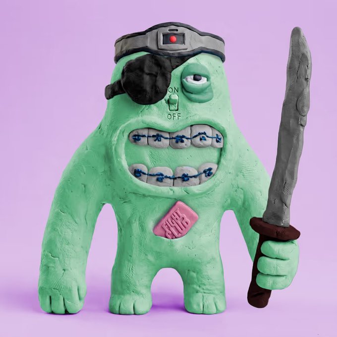 A green claymation-style monster figurine wearing a headband, eyepatch, and braces wields a sword, with an "ON/OFF" switch on its forehead and a pink "FART CLUB" badge on its chest, fitting the chaotic crypto meme vibe of holding strong despite the "reveal."