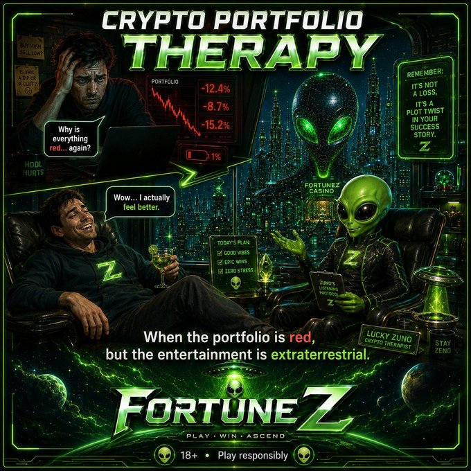 A green-themed promotional ad for "FortuneZ" Crypto Portfolio Therapy features a stressed man whose portfolio shows losses of -12.4%, -8.7%, and -15.2%, being comforted by a green alien therapist labeled "LUCKY ZUNO" with a speech bubble reading "Wow... I actually feel better." The tagline reads "When the portfolio is red, but the entertainment is extraterrestrial," alongside the brand's slogan "PLAY. WIN. ASCEND." and the .ws domain reference, capturing the post's cosmic take on recovering from crypto losses.