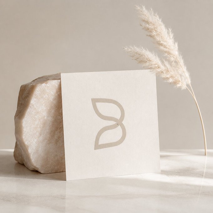 A minimalist composition features a textured cream card displaying a delicate leaf-like logo, propped against a raw stone, with soft pampas grass extending upward in the background. The natural, organic elements visually echo the post's theme of cooperation and interconnected systems, suggesting harmony between nature and technology.
