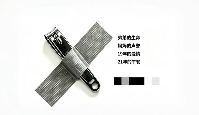 Two nail clippers arranged in an X-shape next to Chinese text listing titles like '弟弟的生命' and '21年的午餐'.