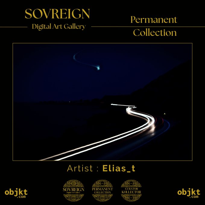 A digital art piece from Sovreign Digital Art Gallery's Permanent Collection by artist Elias_t, showing light trails on a dark road with a comet in the sky.