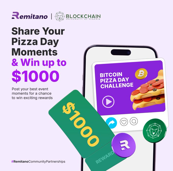 "This post focuses on a smartphone's display of pizza toppings like pepperoni and mushrooms with two other items. The first item, a green rectangular piece of paper, features a picture of pizza slices as well as some text that says "Share Your Pizza Day Moments & Win Up to Bitcoin Pizza Day Challenge". The second item is a purple rectangular card which has white text on it, including the words "REmitano" and "blockchain.university of ny". Both items have a price tag attached to them. These items are placed in front of an Instagram post with a caption that reads "Post your best event moments for a chance to win exciting rewards!". The overall image has a purple color scheme, with the pizza toppings being green and the card featuring white text.