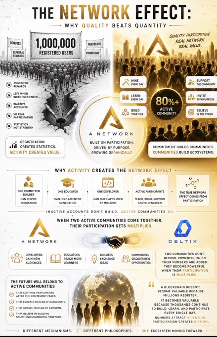 An infographic titled "The Network Effect: Why Quality Beats Quantity" by A Network and Deltix (DLTX), comparing inactive 1,000,000 registered users to an 80%+ active community, illustrating how participation—not registration numbers—drives network effects, community building, and ecosystem value.