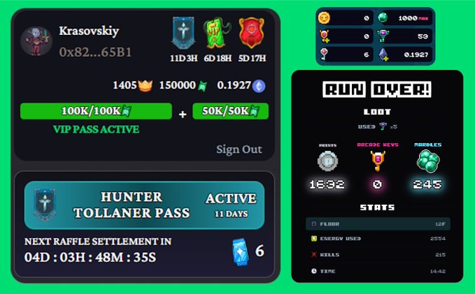 A gaming dashboard screenshot for user 'Krasovskiy' showing a 'HUNTER TOLLANER PASS' active VIP subscription, raffle settlement timer at 04D:03H:48M:35S, and various loot stats.