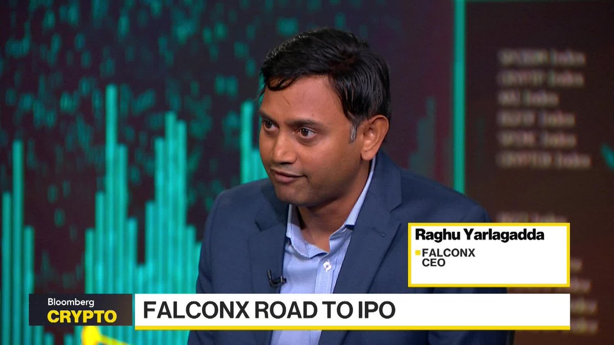A Bloomberg Crypto interview screenshot featuring Raghu Yarlagadda, CEO of FalconX, with a lower-third banner reading "FALCONX ROAD TO IPO" against a teal financial chart background.
