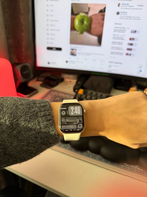 A person wearing a Casio digital watch showing 2:48 works at a desk in front of a computer monitor displaying an online shopping page.