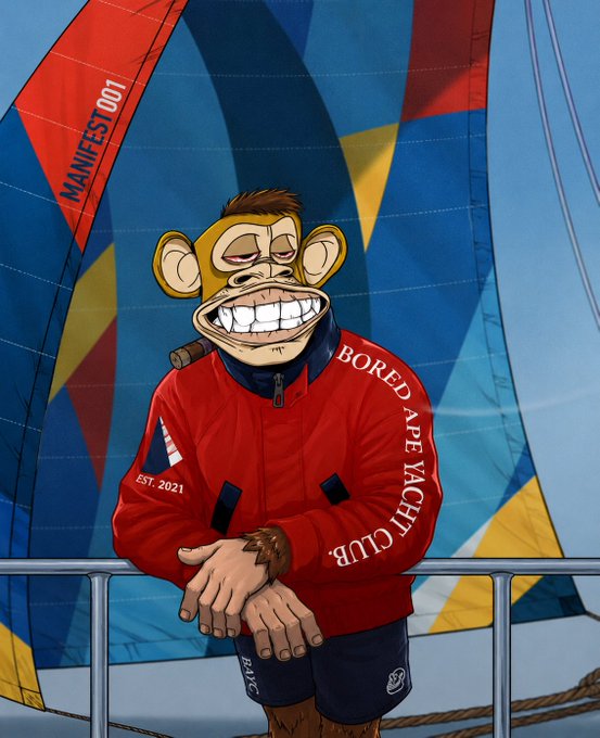 A Bored Ape-style cartoon monkey in a red 'BORED APE YACHT CLUB' jacket and 'MANIFEST 001' shorts stands on a sailboat deck holding a cigar.