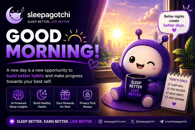 A cheerful purple Sleepagotchi mascot holding a "Sleep Better, Live Better" mug greets viewers beside a "Today's Goals" checklist (sleep well, stay focused, build habits, keep growing), with the tagline "Good Morning! Better nights create better days," reinforcing the post's message about building healthy habits and using AI-driven sleep insights to improve daily routines.