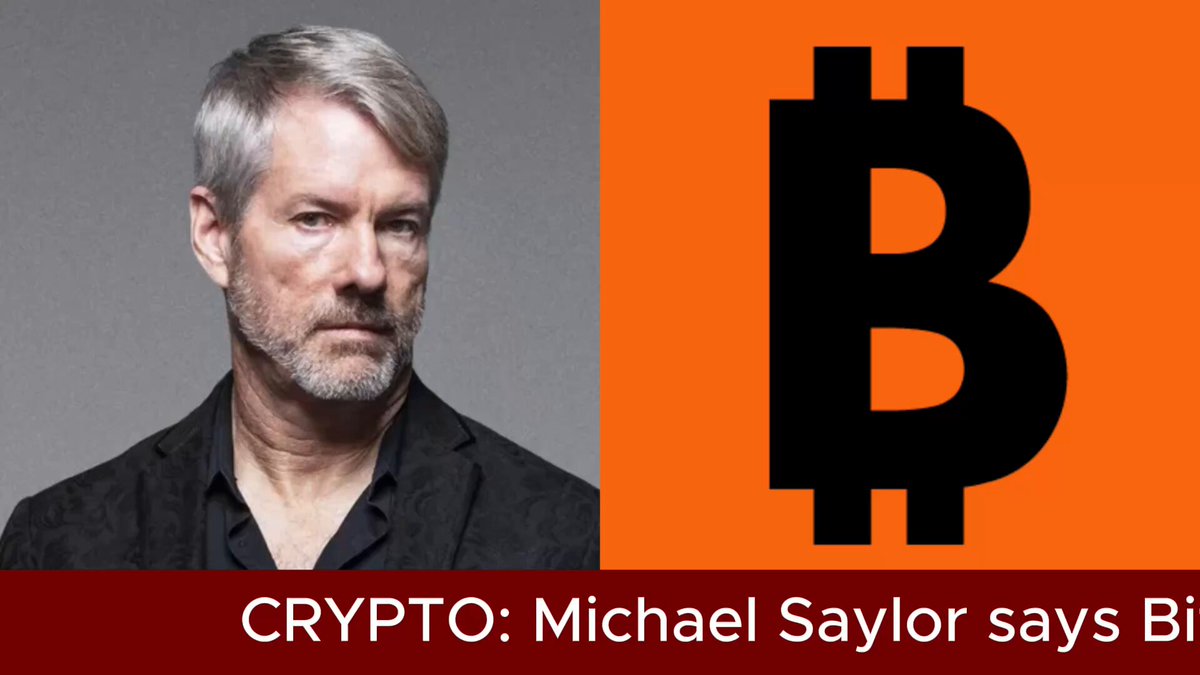 The image features an advertisement for Bitcoin featuring a man with gray hair wearing a black suit. The text above him reads "Crypto: Michael Saylor says Bi", which suggests that he has written about Bitcoin or cryptocurrency. The background of the image is white, and there are two orange letters placed in the top right corner of the image. These letters spell out "Bitcoin".