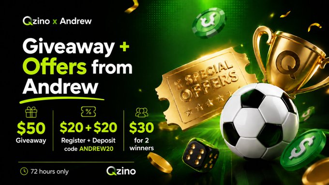 A promotional banner for 'Qzino x Andrew' advertising 'Giveaway + Offers from Andrew' with $50 giveaway, $20+$20 register and deposit code 'ANDREW20', and $30 for 2 winners, valid for 72 hours only, featuring casino and sports imagery.