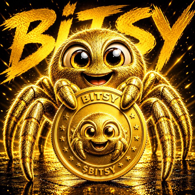 A golden spider-like creature with big eyes holds a golden coin marked 'BITSY' featuring its own face, with 'BITSY' written in large yellow letters in the background.