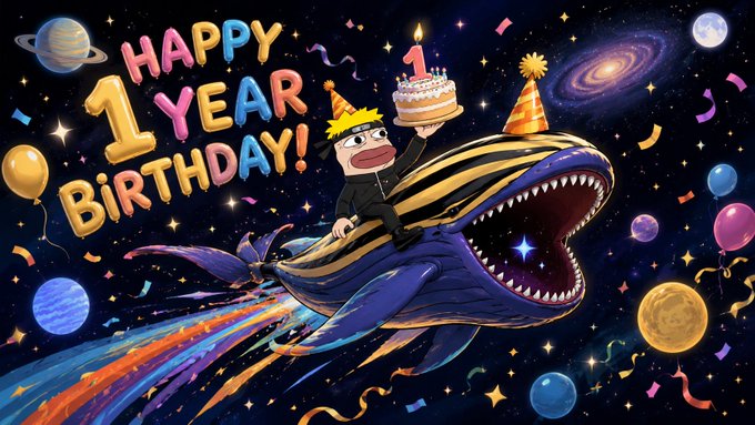 A vibrant cartoon birthday card with 'HAPPY 1 YEAR BIRTHDAY!' text, featuring a character in a party hat riding a giant space whale through a cosmic scene filled with planets, balloons, and confetti.