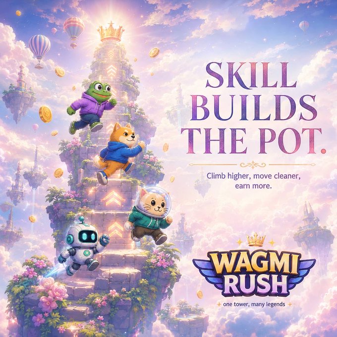The image features a poster for a video game called "WAGMII RUSH", which is a skill-based multiplayer climbing tournament set in a fantasy world. The poster showcases four cartoon characters, including a robot, who are climbing up a tower together. They are accompanied by other cartoon characters such as a frog and a cat. The text on the poster encourages players to "Skill builds the pot." This suggests that the game rewards players for their skill and effort in climbing the tower, potentially offering them more points or items as they progress through the game.