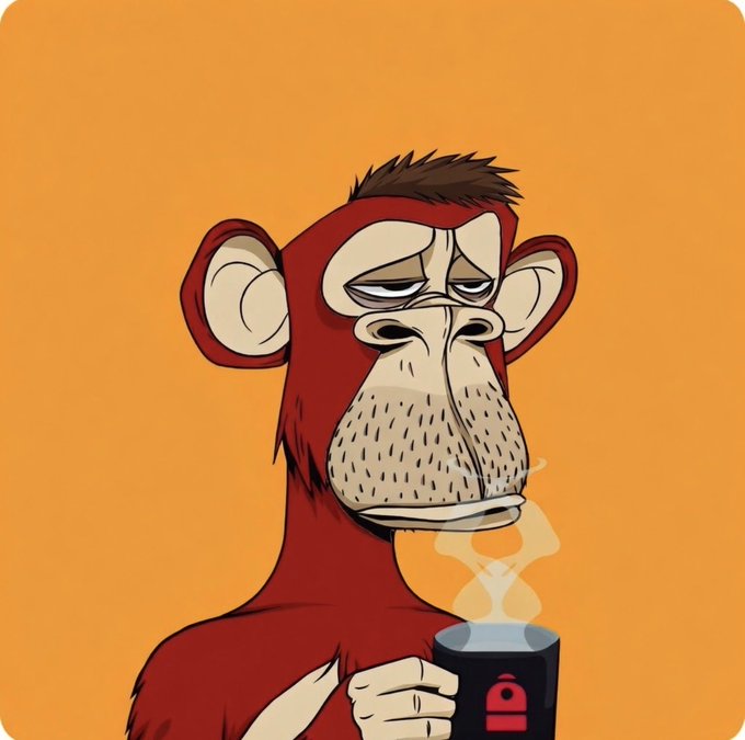 A cartoon illustration shows a tired-looking red monkey with a beard holding a steaming mug, set against an orange background.