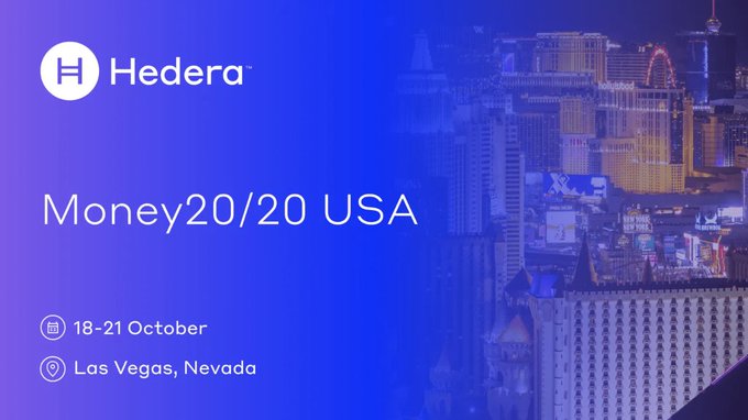 A promotional banner for Hedera at Money20/20 USA event on 18-21 October in Las Vegas, Nevada, with a purple-tinted Las Vegas Strip background.