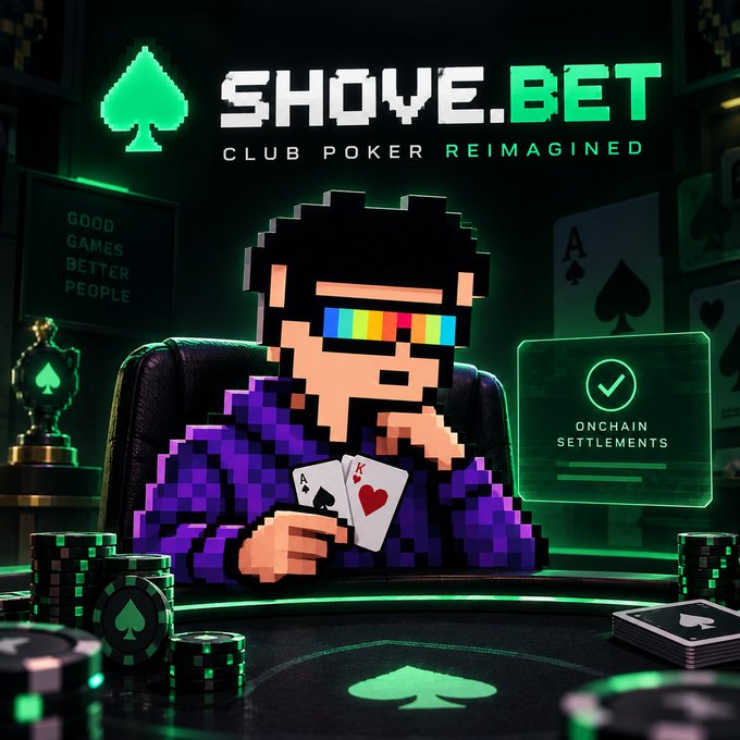 Promotional graphic for 'SHOVE.BET - CLUB POKER REIMAGINED' featuring a pixel-art character holding playing cards at a green-themed casino table with chips and a badge reading 'ONCHAIN SETTLEMENTS'.