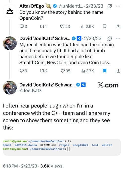X posts by David Schwartz (@JoelKatz) sharing the origin story of the OpenCoin/Ripple name and a terminal screenshot of a 'newcoin' directory.