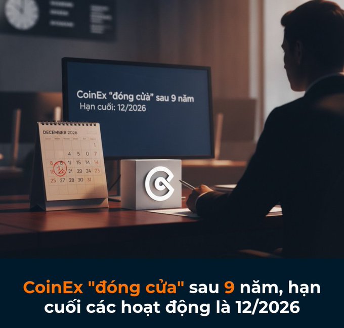 A graphic with Vietnamese text stating 'CoinEx "đóng cửa" sau 9 năm, hạn cuối các hoạt động là 12/2026', featuring a person at a desk with a CoinEx logo and a December 2026 calendar.