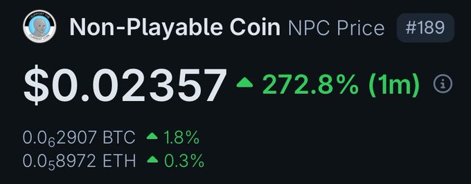 A price display for 'Non-Playable Coin (NPC) Price' showing $0.02357, up 272.8% (1m), with values of 0.000002907 BTC and 0.0000058972 ETH.