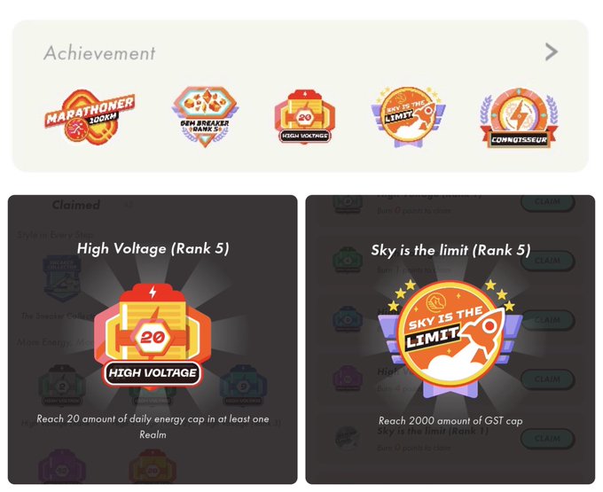 An achievements screen displaying badges including 'Marathoner 100KM', 'Sneaker Breaker Rank 50', 'High Voltage' (Reach 20 amount of daily energy cap), and 'Sky is the limit' (Reach 2000 amount of GST cap).