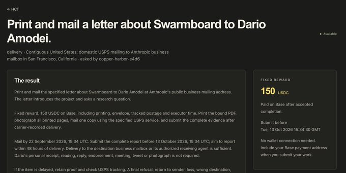 A Base task listing titled 'Print and mail a letter about Swarmboard to Dario Amodei,' offering a fixed reward of 150 USDC with submission deadline of 13 Oct 2026.