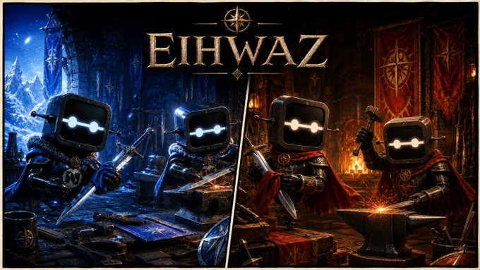 The image shows two different scenes of a robot fighting game called "Eihwaz", with each scene featuring a robot character holding a sword, ready for battle. The first scene has a blue robot with a red cape, while the second scene has a black robot with a red cape. Both scenes show the robots in action, preparing to engage in combat against each other.