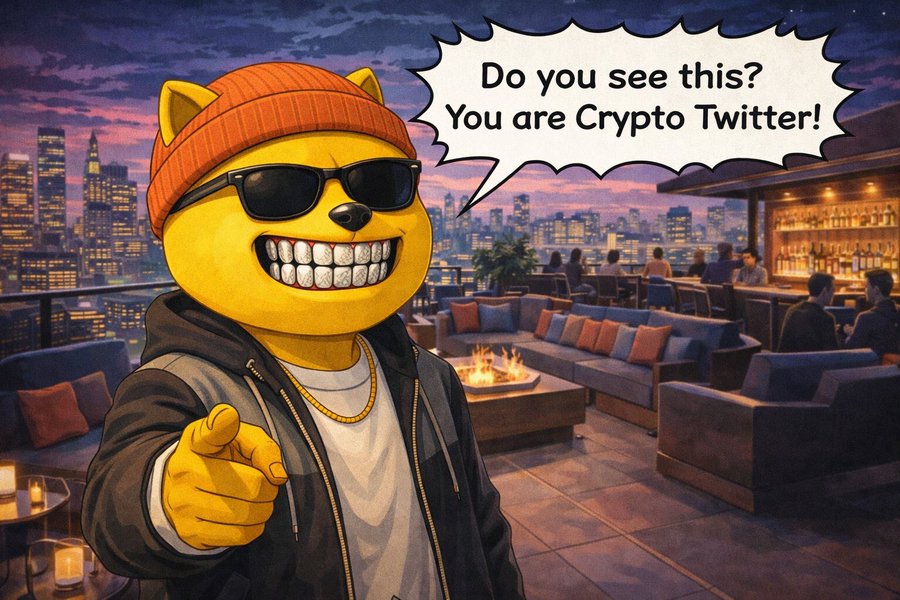 A cartoon Shiba Inu character wearing an orange beanie, sunglasses, and a gold chain points at the viewer with a speech bubble reading 'Do you see this? You are Crypto Twitter!' against a rooftop bar backdrop.