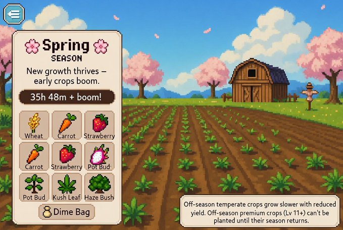 A screenshot from a farming simulation game showing a 'Spring Season' with a 35h 48m countdown, displaying crop options like wheat, carrots, strawberries, and various plants in a plowed field.